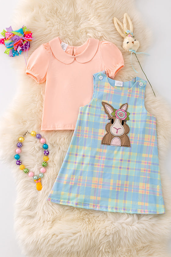 Easter bunny applique dress with peach bubble sleeve top. OFG50174 SOL