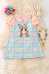 Easter bunny applique dress with peach bubble sleeve top. OFG50174 SOL