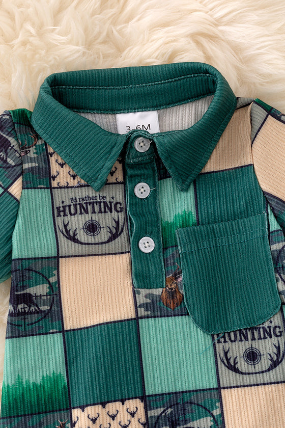 "I'd rather be hunting" Multi-printed patch romper with collar. RPB40570 JEANN