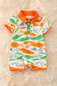  Carrot printed with orange & green contrast baby romper with snaps. RPB50063 AMY