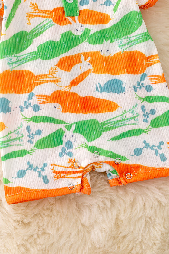 Carrot printed with orange & green contrast baby romper with snaps. RPB50063 AMY