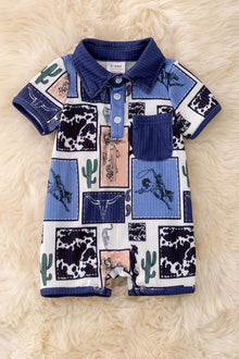  Western Multi-printed patch romper with collar. RPB40571 Jea