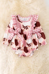 RPG40624 AMY: Pumpkin printed baby onesie with gingham trim.