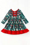 Nutcracker printed girls dress with red ruffle hem and open back with bows. DRG65443 AMY