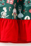 Nutcracker printed girls dress with red ruffle hem and open back with bows. DRG65443 AMY