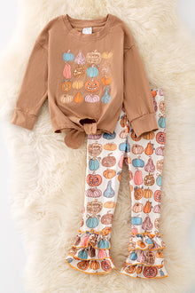  🍁OFG42045 NAYDINE : "Happy Halloween" Pumpkin printed top & ruffle pants.