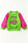 "Feeling Extra Gri today" Green top with fuchsia fur sleeves. TPG60772 BRE