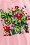 2 Bows & Christmas character printed on Lt. Pink top with green sequins sleeves. TPG60768 BRE