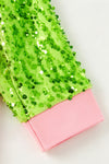 Extra Grin--chy character printed pink top with green sequins sleeves. TPG60770 AMY
