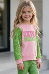 Extra Grin--chy character printed pink top with green sequins sleeves. TPG60770 AMY