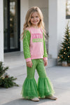 Extra Grin--chy character printed pink top with green sequins sleeves. TPG60770 AMY