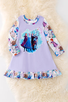  PJG40168 SOL: Multi-printed character on lavender pajama dress.