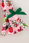 LT. Pink Christmas character and ornament girls jumpsuit with green fur hem. PNG60543 AMY