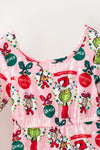 LT. Pink Christmas character and ornament girls jumpsuit with green fur hem. PNG60543 AMY