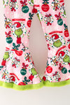 LT. Pink Christmas character and ornament girls jumpsuit with green fur hem. PNG60543 AMY