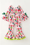 LT. Pink Christmas character and ornament girls jumpsuit with green fur hem. PNG60543 AMY