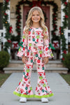 LT. Pink Christmas character and ornament girls jumpsuit with green fur hem. PNG60543 AMY