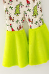 Christmas character printed on white and lime green faux fur bell bottoms. OFG63371 SOL