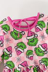Lt. Pink & fuchsia Christmas character printed girl top and faux fur bell bottoms. OFG63372 BRE