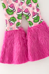 Lt. Pink & fuchsia Christmas character printed girl top and faux fur bell bottoms. OFG63372 BRE
