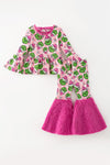 Lt. Pink & fuchsia Christmas character printed girl top and faux fur bell bottoms. OFG63372 BRE