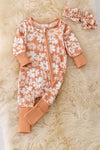 🎍Floral printed convertible footie baby romper w/matching headband. RPG50164