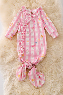  Pink gingham floral printed baby gown with ruffle trim. PJG50043