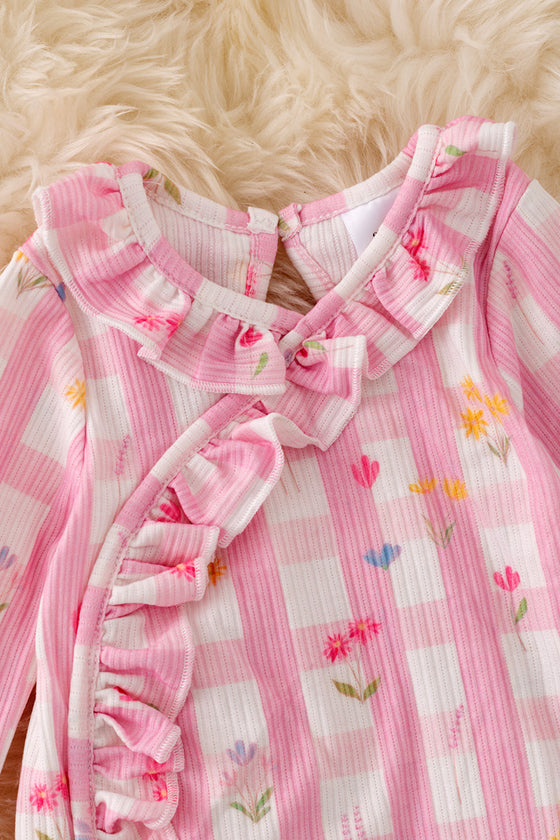 Pink gingham floral printed baby gown with ruffle trim. PJG50043