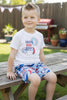 "Daddy's Grill Buddy" White T-shirt & blue multi printed shorts. OFB50043 JEAN