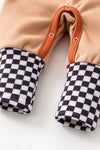 Yeehaw" tan printed baby romper with checkered sleeves. RPB61004 BRE