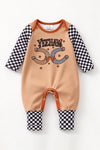 Yeehaw" tan printed baby romper with checkered sleeves. RPB61004 BRE