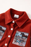 Maroon horse printed long sleeve & front pocket button up shirt. TPG60343 BRE