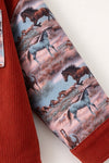 Maroon horse printed long sleeve & front pocket button up shirt. TPG60343 BRE