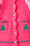 Hot pink Christmas dress with front pockets & multi-printed sleeves. DRG65531 Bre