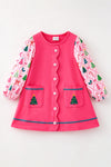 Hot pink Christmas dress with front pockets & multi-printed sleeves. DRG65531 Bre