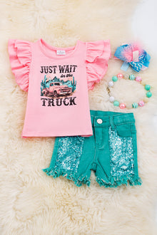  "Just wait in the truck" Pink truck printed top & turquoise denim shorts. OFG40094 AMY