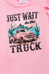 "Just wait in the truck" Pink truck printed top & turquoise denim shorts. OFG40094 AMY