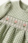 Cameo green Plaid and smocked baby romper with embroidered flowers. RPG64368 AMY