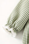 Cameo green Plaid and smocked baby romper with embroidered flowers. RPG64368 AMY