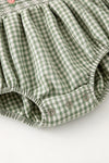 Cameo green Plaid and smocked baby romper with embroidered flowers. RPG64368 AMY