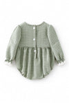 Cameo green Plaid and smocked baby romper with embroidered flowers. RPG64368 AMY