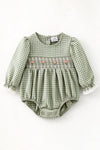Cameo green Plaid and smocked baby romper with embroidered flowers. RPG64368 AMY