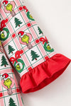 Multi-Printed girls pajamas with red ruffle hem. PJG60528 AMY