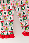 Multi-Printed girls pajamas with red ruffle hem. PJG60528 AMY