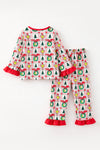Multi-Printed girls pajamas with red ruffle hem. PJG60528 AMY