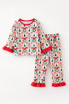 Multi-Printed girls pajamas with red ruffle hem. PJG60528 AMY