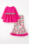 Fuchsia tunic with Christmas character bell bottoms with faux fur hem. OFG63384 BRE