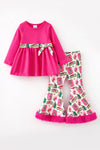 Fuchsia tunic with Christmas character bell bottoms with faux fur hem. OFG63384 BRE