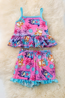  Tie dye Blue* printed girls ruffle short set. OFG50479 AMY