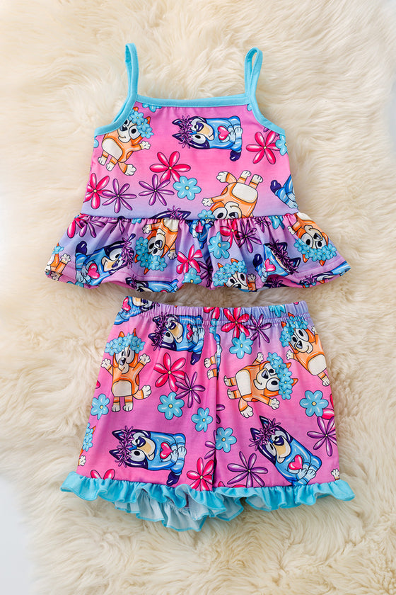 Tie dye Blue* printed girls ruffle short set. OFG50479 AMY